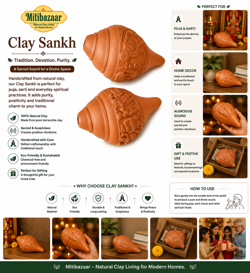 Mitibazaar Clay Sankh Handicraft | Natural Terracotta Conch for Puja, Aarti & Décor.