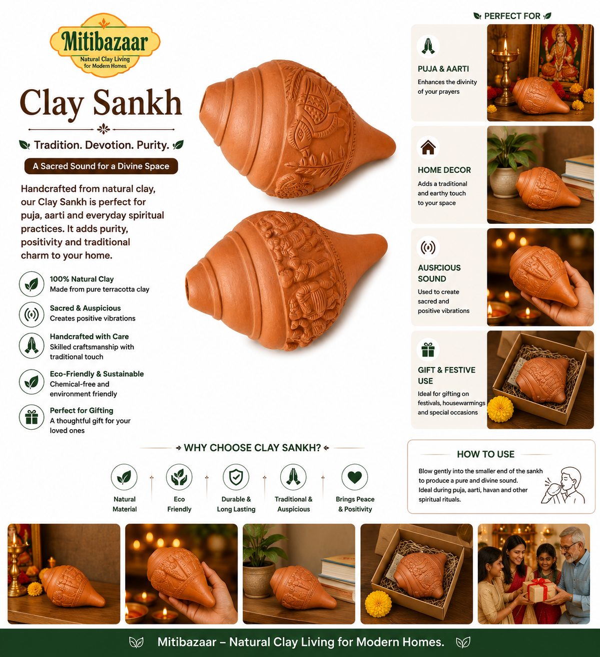 Mitibazaar Clay Sankh Handicraft | Natural Terracotta Conch for Puja, Aarti & Décor.