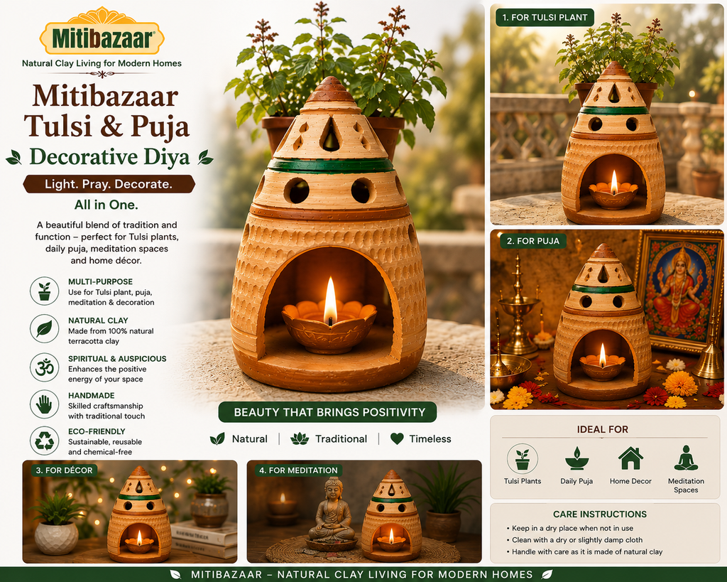 Mitibazaar Tulsi & Puja Decorative Diya | Natural Terracotta Clay Décor Diya