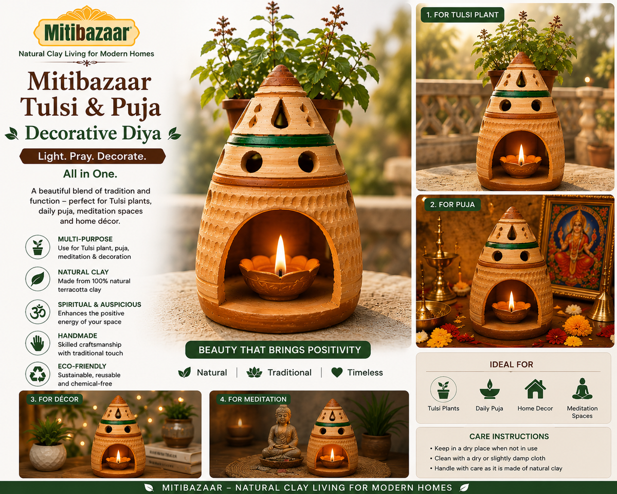 Mitibazaar Tulsi & Puja Decorative Diya | Natural Terracotta Clay Décor Diya