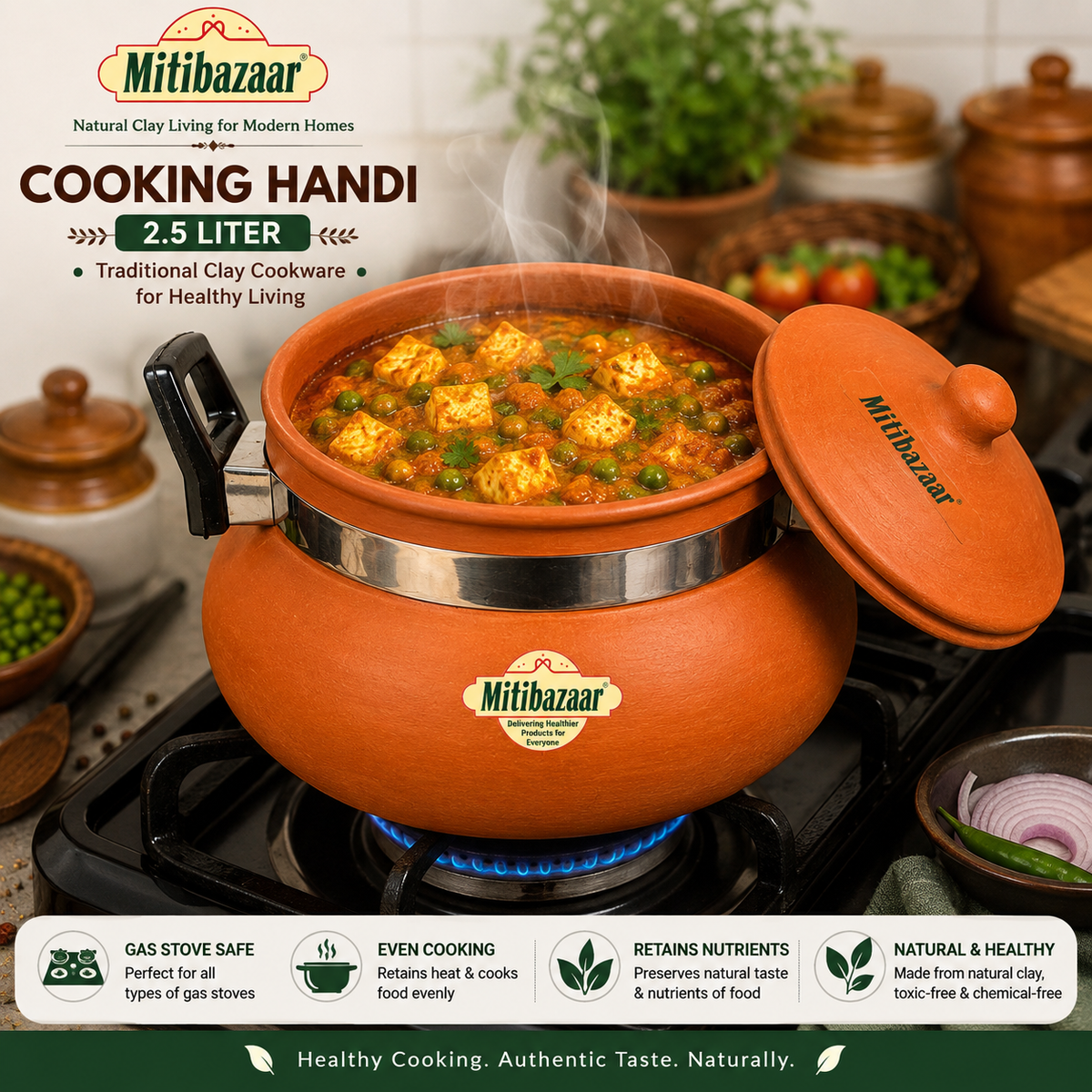 Mitibazaar Clay Cooking Handi 2.5 L with Metal Handles | Traditional Earthen Cookware