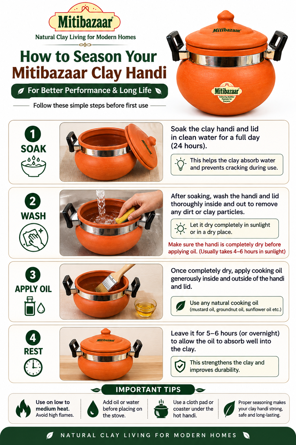 Mitibazaar Clay Cooking Handi 2.5 L with Metal Handles | Traditional Earthen Cookware