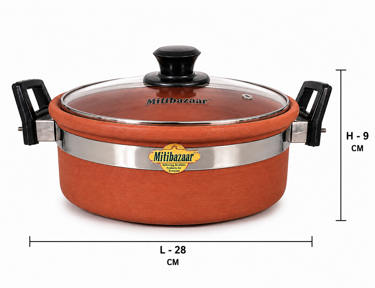 Mitibazaar Premium Natural Clay Kadai with Glass Lid – 2 Litre