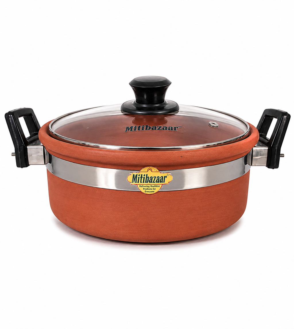 Mitibazaar Premium Natural Clay Kadai with Glass Lid – 2 Litre