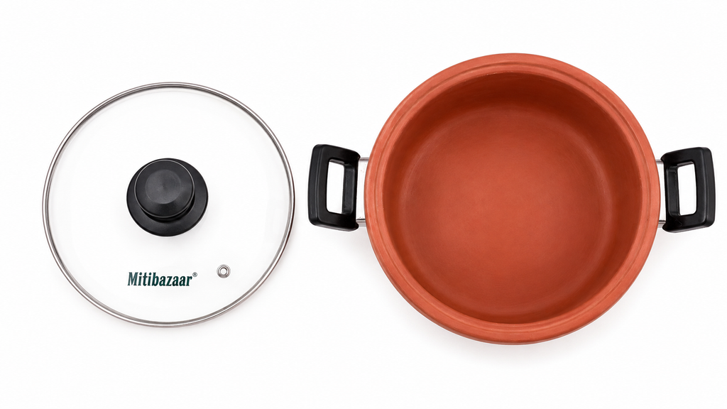 Mitibazaar Premium Natural Clay Kadai with Glass Lid – 2 Litre