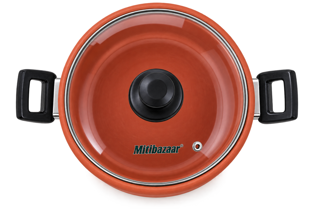 Mitibazaar Premium Natural Clay Kadai with Glass Lid – 2 Litre