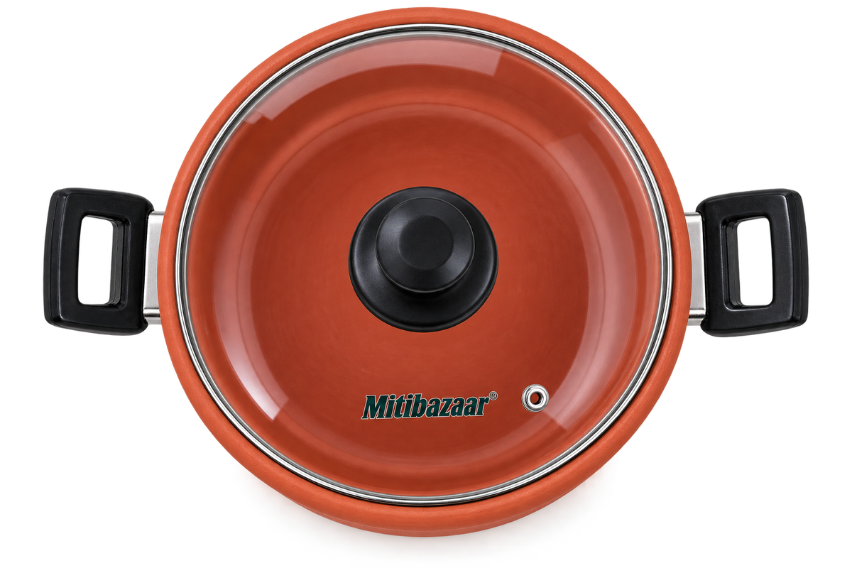 Mitibazaar Premium Natural Clay Kadai with Glass Lid – 2 Litre