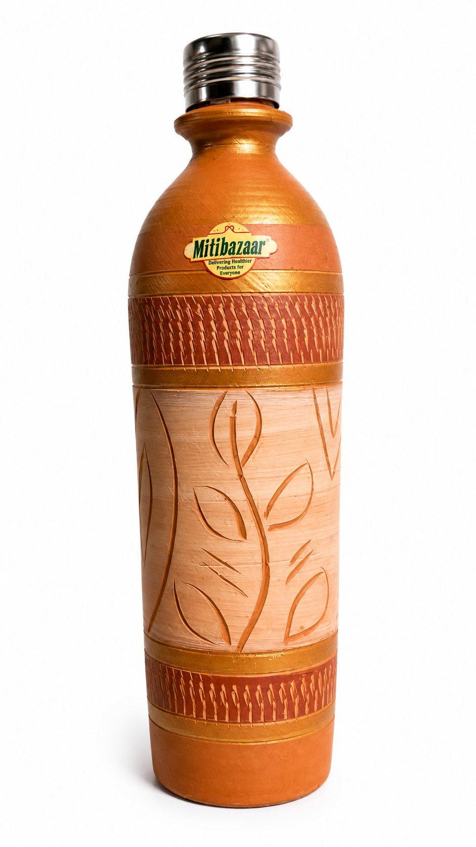 Mitibazaar Premium Natural Clay Water Bottle with Stainless Steel Cap – 1 Litre