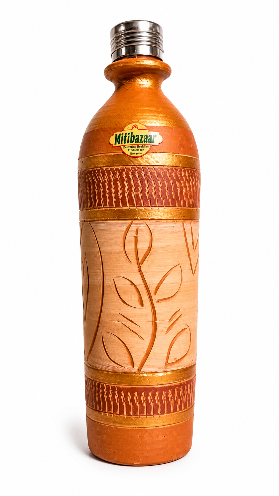 Mitibazaar Premium Natural Clay Water Bottle with Stainless Steel Cap – 1 Litre