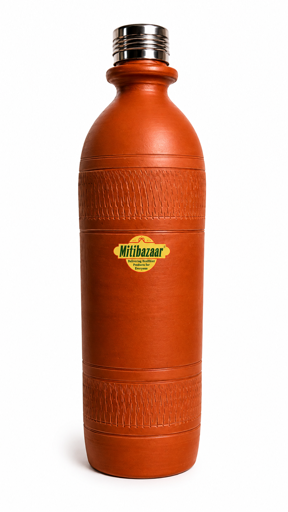 Mitibazaar Premium Natural Clay Water Bottle with Stainless Steel Cap – 1 Litre