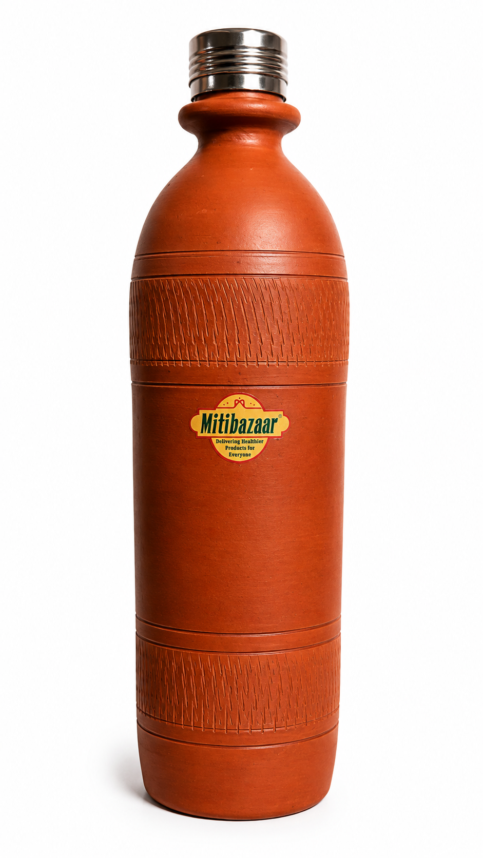 Mitibazaar Premium Natural Clay Water Bottle with Stainless Steel Cap – 1 Litre