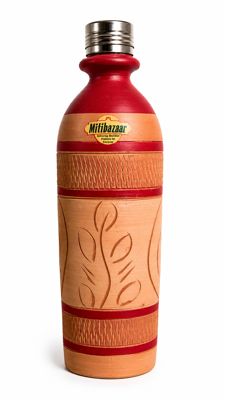Mitibazaar Premium Handcrafted Terracotta Clay Water Bottle with Stainless Steel Cap – 1 Litre