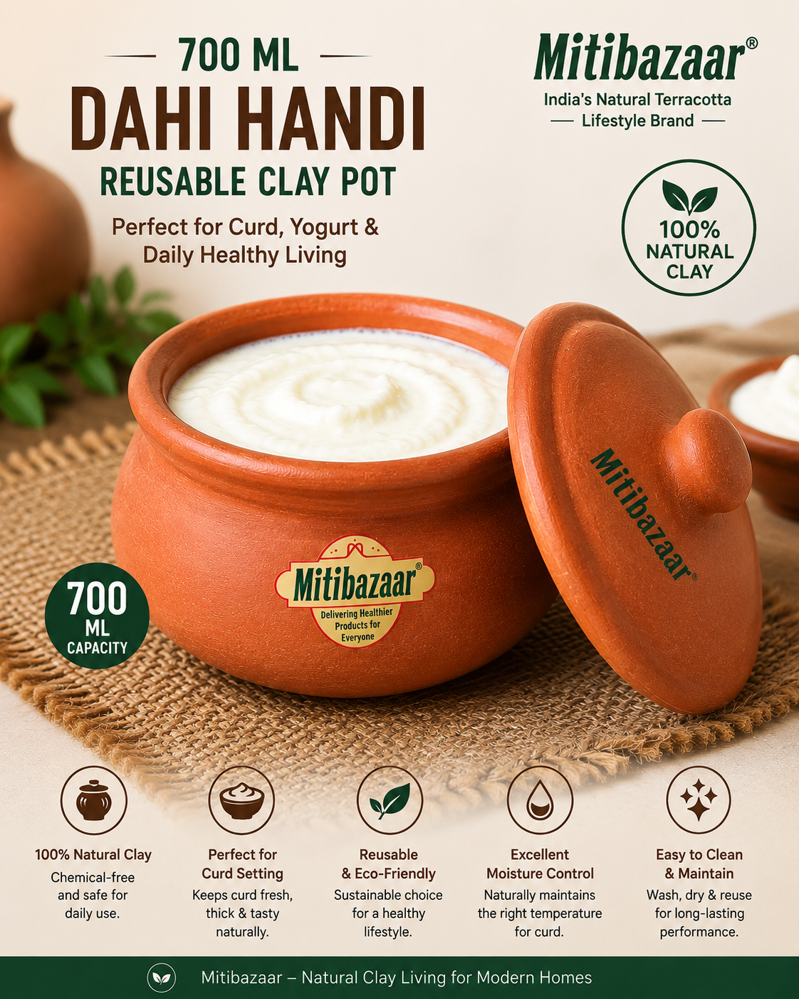 Mitibazaar 700 ML Clay Dahi Handi | Reusable Terracotta Curd Pot