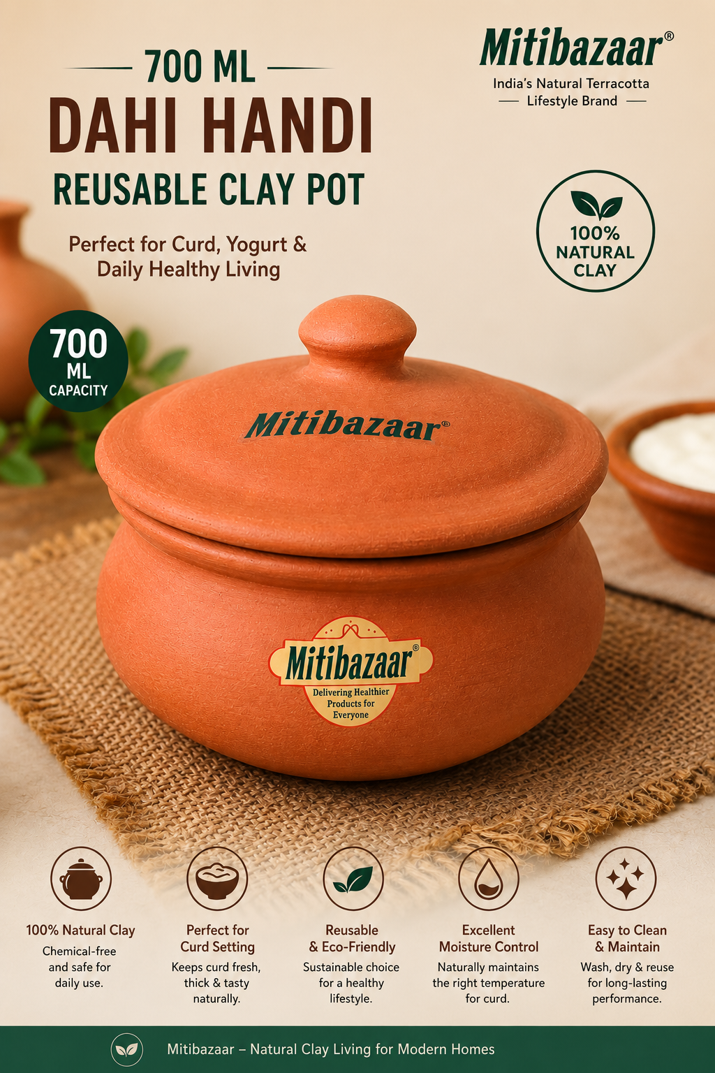 Mitibazaar 700 ML Clay Dahi Handi | Reusable Terracotta Curd Pot