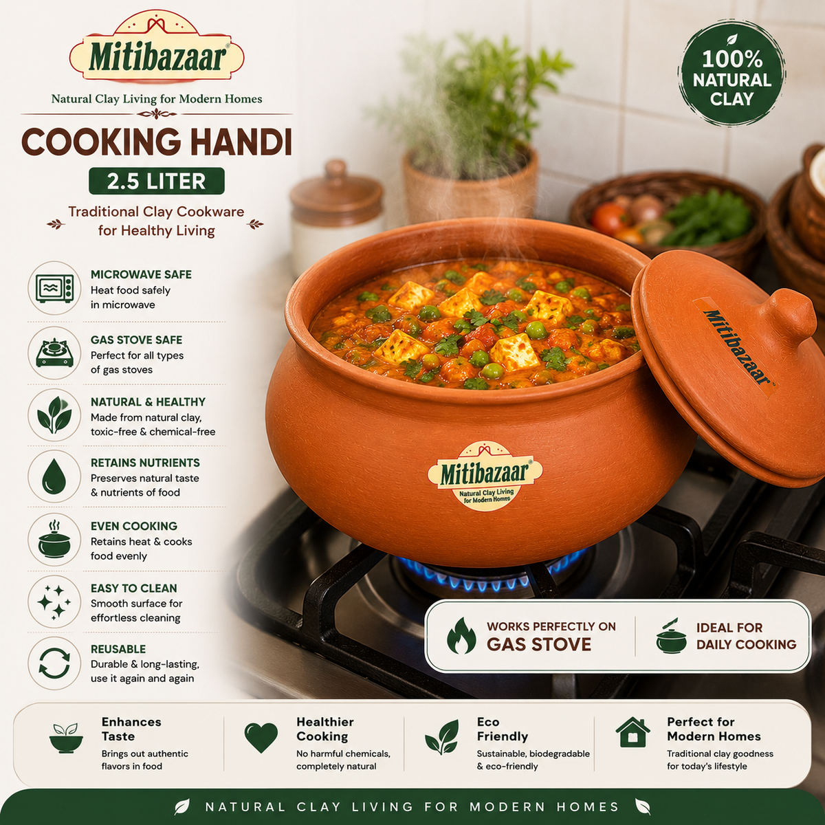 Mitibazaar Clay Cooking Handi  2.5 L| Traditional Earthen Cookware
