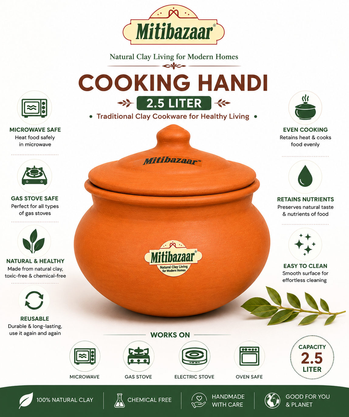 Mitibazaar Clay Cooking Handi  2.5 L| Traditional Earthen Cookware