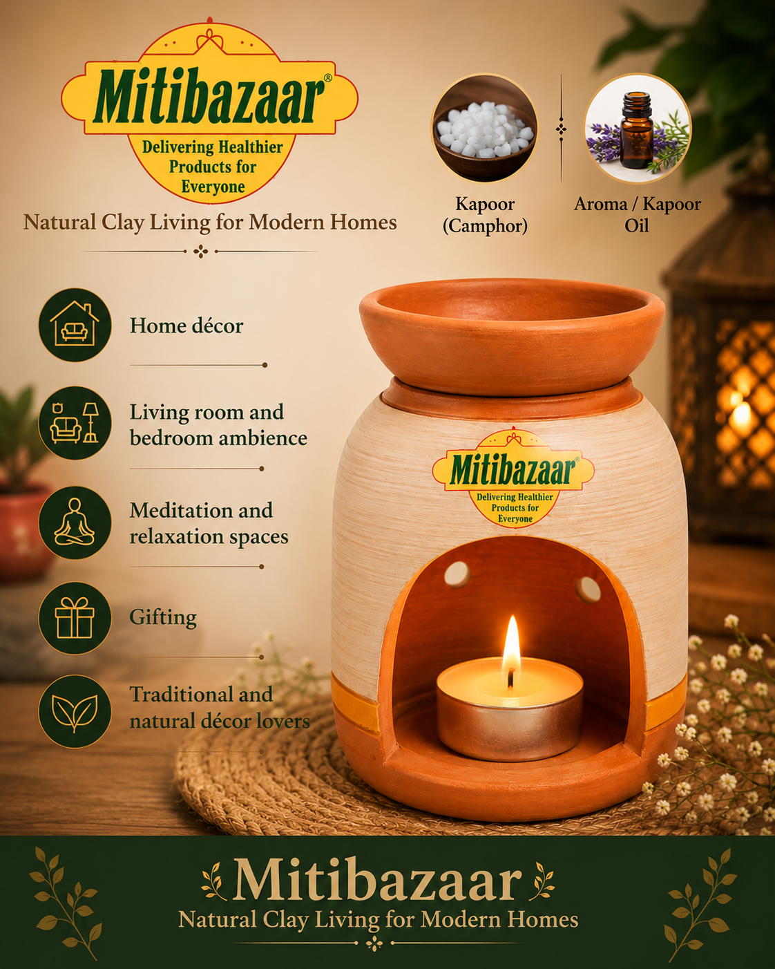 Mitibazaar Premium Handcrafted Terracotta Aroma Diffuser – Natural Clay Fragrance Burner