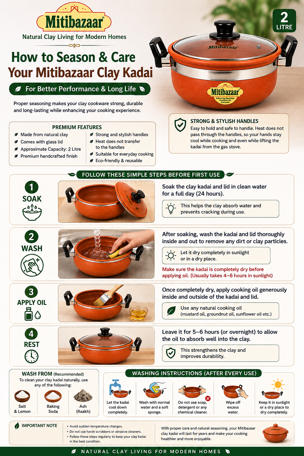 Mitibazaar Premium Natural Clay Kadai with Glass Lid – 2 Litre