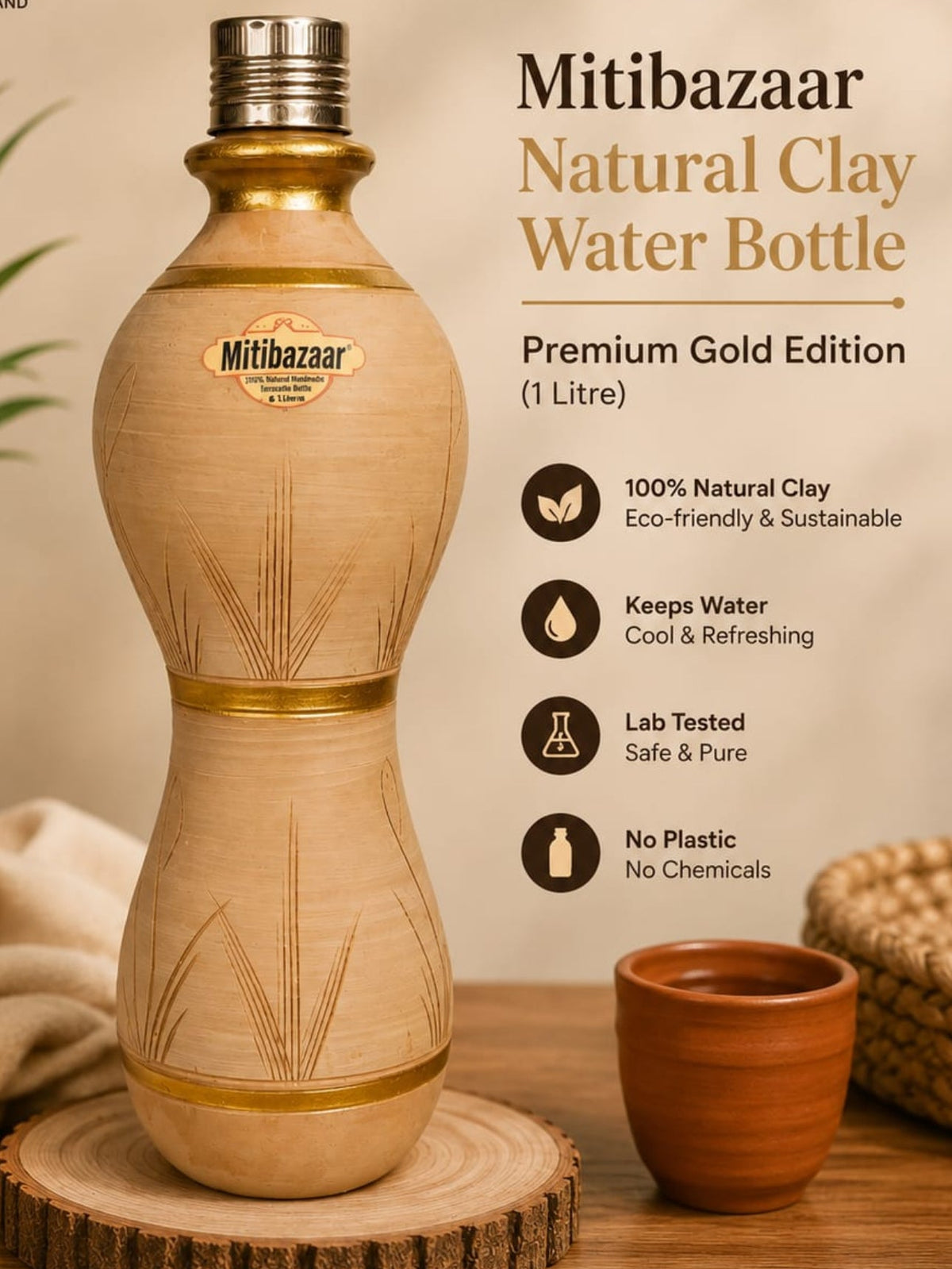Mitibazaar Natural Clay Water Bottle – Premium Gold Edition (1 Litre)